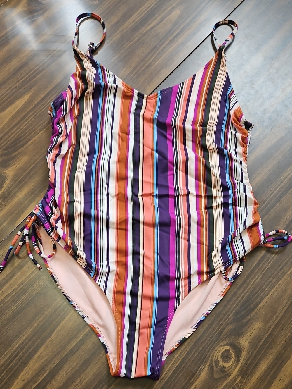 Time and Tru Peach and Multicolor Striped Swimsuit